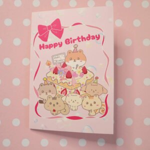 Kawaii Animal Birthday Card, Japanese Omedetou Greeting, Dog Squirrel Hamster Beaver